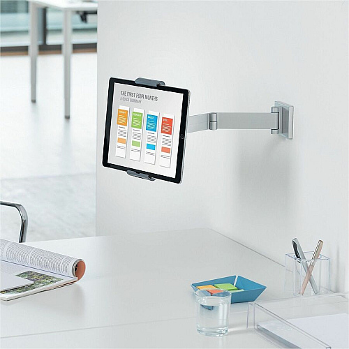 DURABLE Tablet Holder Wall Arm 8.9" Height x 3.7" Width x 6.7" Depth - Steel, Acrylonitrile Butadiene Styrene (ABS), Aluminum - Silver - 180&deg; Swivel, Pivot, Adjustable Clamp, Locking Mechanism, 360&deg; Rotation, Flexible Arm, Tilt, Cable Man (893423)