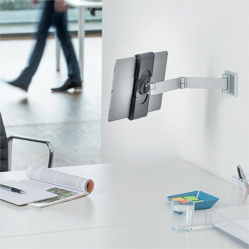 DURABLE Tablet Holder Wall Arm 8.9" Height x 3.7" Width x 6.7" Depth - Steel, Acrylonitrile Butadiene Styrene (ABS), Aluminum - Silver - 180&deg; Swivel, Pivot, Adjustable Clamp, Locking Mechanism, 360&deg; Rotation, Flexible Arm, Tilt, Cable Man (893423)