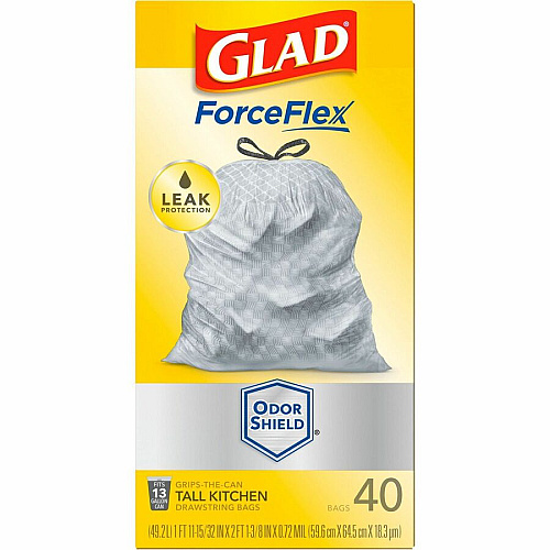 Glad ForceFlex Tall Kitchen Drawstring Trash Bags - OdorShield 13 gal Capacity - 23.74" Width x 24.88" Length x 0.72 mil (18 Micron) Thickness - Drawstring Closure - Gray - Commercial, Home, Indoor, Office, Outdoor, Restaurant, Garbage - 40 / Box (79008)