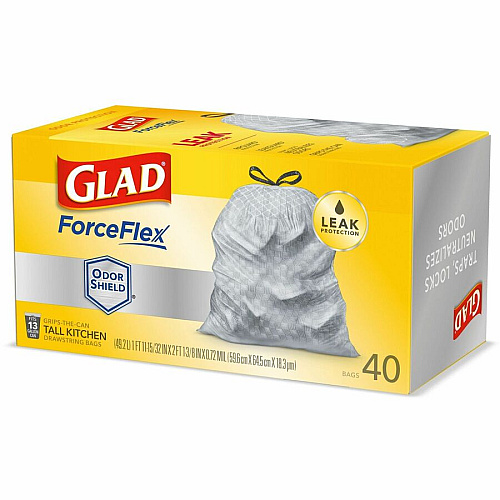Glad ForceFlex Tall Kitchen Drawstring Trash Bags - OdorShield 13 gal Capacity - 23.74" Width x 24.88" Length x 0.72 mil (18 Micron) Thickness - Drawstring Closure - Gray - Commercial, Home, Indoor, Office, Outdoor, Restaurant, Garbage - 40 / Box (79008)