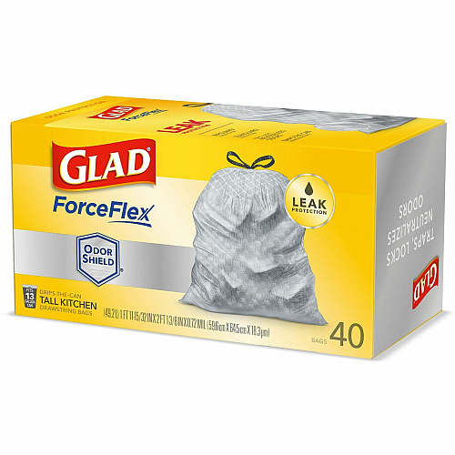 Glad ForceFlex Tall Kitchen Drawstring Trash Bags - OdorShield 13 gal Capacity - 23.74" Width x 24.88" Length x 0.72 mil (18 Micron) Thickness - Drawstring Closure - Gray - Commercial, Home, Indoor, Office, Outdoor, Restaurant, Garbage - 40 / Box (79008)