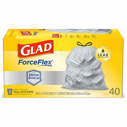 Glad ForceFlex Tall Kitchen Drawstring Trash Bags - OdorShield 13 gal Capacity - 23.74" Width x 24.88" Length x 0.72 mil (18 Micron) Thickness - Drawstring Closure - Gray - Commercial, Home, Indoor, Office, Outdoor, Restaurant, Garbage - 40 / Box (79008)