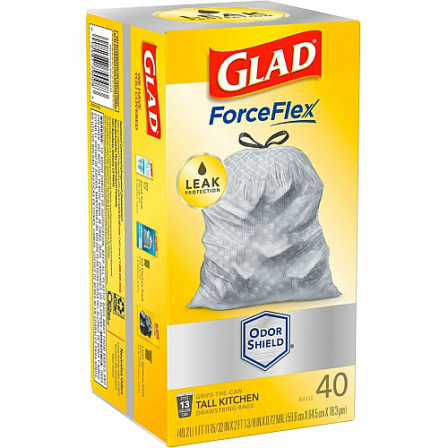 Glad ForceFlex Tall Kitchen Drawstring Trash Bags - OdorShield 13 gal Capacity - 23.74" Width x 24.88" Length x 0.72 mil (18 Micron) Thickness - Drawstring Closure - Gray - Commercial, Home, Indoor, Office, Outdoor, Restaurant, Garbage - 40 / Box (79008)