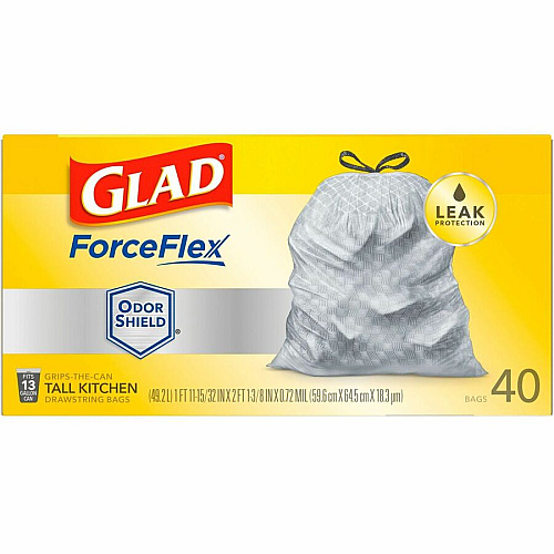 Glad ForceFlex Tall Kitchen Drawstring Trash Bags - OdorShield 13 gal Capacity - 23.74" Width x 24.88" Length x 0.72 mil (18 Micron) Thickness - Drawstring Closure - Gray - Commercial, Home, Indoor, Office, Outdoor, Restaurant, Garbage - 40 / Box (79008)