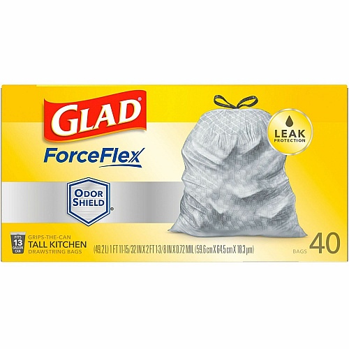 Glad ForceFlex Tall Kitchen Drawstring Trash Bags - OdorShield 13 gal Capacity - 23.74" Width x 24.88" Length x 0.72 mil (18 Micron) Thickness - Drawstring Closure - Gray - Commercial, Home, Indoor, Office, Outdoor, Restaurant, Garbage - 40 / Box (79008)