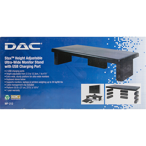 DAC Stax Ergonomic Height Adjustable Ultra Wide Monitor Stand 66 lb Load Capacity - 4.75" Height x 22" Width x 10.50" Depth - Black - For Monitor, Notebook, Printer, Fax Machine - Storage Space, Sturdy, Comfortable, USB Charging Port, Anti-slip, F (02238)