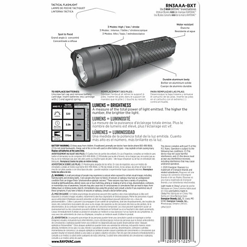 Rayovac RoughNeck 3AAA LED Tactical Flashlight LED - 260 lm Lumen - 3 x AAA - Alkaline - Battery - Aluminum - Water Resistant, Drop Resistant - Black - 1 Each (RN3AAABA)