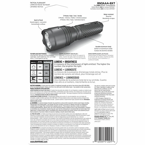 Rayovac RoughNeck 3AAA LED Tactical Flashlight LED - 260 lm Lumen - 3 x AAA - Alkaline - Battery - Aluminum - Water Resistant, Drop Resistant - Black - 1 Each (RN3AAABA)