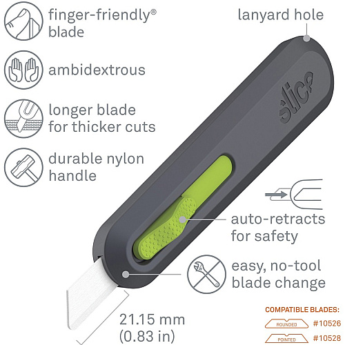 Slice Auto Retract Utility Knife Ceramic Blade - 0.9" Height x 1.4" Width x 6.1" Length - Retractable, Non-sparking, Non-conductive, Rust-free Blade, Durable, Ambidextrous, Comfortable - Glass-filled Nylon, Stainless Steel, Zirconia, Carbon Steel  (10554)