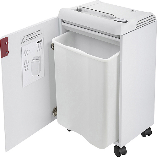 ideal. 2503 Strip Cut Paper Shredder Continuous Shredder - Strip Cut - 21 Per Pass - for shredding Staples, Paper, Paper Clip, Credit Card, CD, DVD - 0.187" Shred Size - P-2 - 10.20" Throat - 20 gal Wastebin Capacity - 750 mW - White - TAA C (IDEDSH0300H)