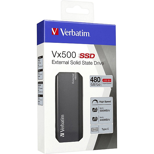 Verbatim 480GB Vx500 External SSD, USB 3.1 Gen 2 - Graphite Notebook Device Supported - USB 3.1 Type C - 500 MB/s Maximum Read Transfer Rate - 2 Year Warranty - 1 Each (47443)