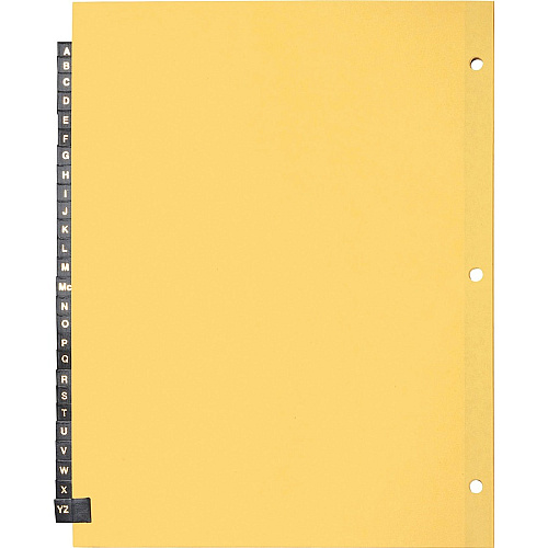 Business Source A-Z Black Leather Tab Index Dividers 26 Printed Tab(s) - Character - A-Z - 8.5" Divider Width x 11" Divider Length - Letter - 3 Hole Punched - Buff Paper Divider - Black Leather Tab(s) - 20% - Heavy Duty, Reinforced Edges, Punch (BSN01181)