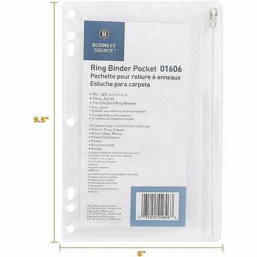 Business Source Punched Economy Binder Pocket 9.5" Height x 6" Width - 7 x Holes - Ring Binder - Clear - Plastic - 24 / Box (BSN01606BX)