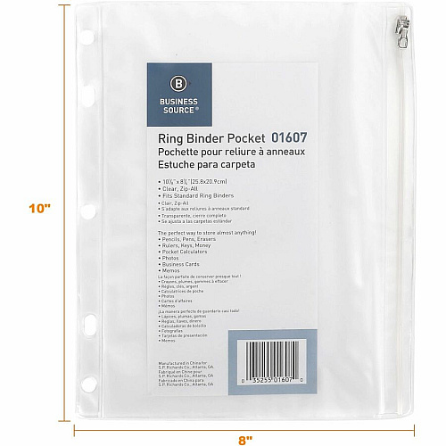Business Source Punched Economy Binder Pocket 10" Height x 8" Width - 7 x Holes - Ring Binder - Clear - Plastic - 1 Each (BSN01607)