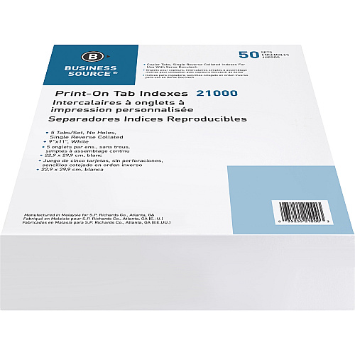 Business Source Tab Printer Economy Index Dividers Print-on Tab(s) - 5 Tab(s)/Set - 8.5" Divider Width x 11" Divider Length - Letter - White Divider - White Tab(s) - 50 / Box (BSN21000)