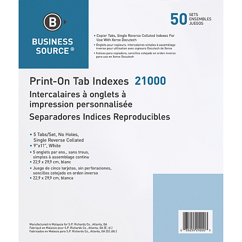 Business Source Tab Printer Economy Index Dividers Print-on Tab(s) - 5 Tab(s)/Set - 8.5" Divider Width x 11" Divider Length - Letter - White Divider - White Tab(s) - 50 / Box (BSN21000)