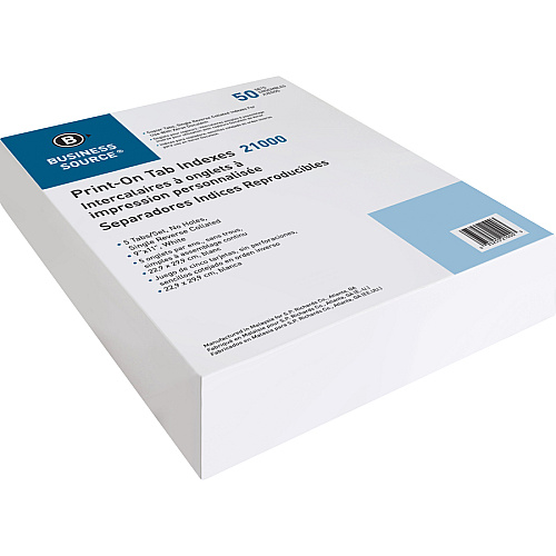 Business Source Tab Printer Economy Index Dividers Print-on Tab(s) - 5 Tab(s)/Set - 8.5" Divider Width x 11" Divider Length - Letter - White Divider - White Tab(s) - 50 / Box (BSN21000)