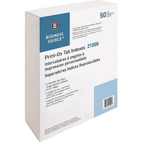 Business Source Tab Printer Economy Index Dividers Print-on Tab(s) - 5 Tab(s)/Set - 8.5" Divider Width x 11" Divider Length - Letter - White Divider - White Tab(s) - 50 / Box (BSN21000)
