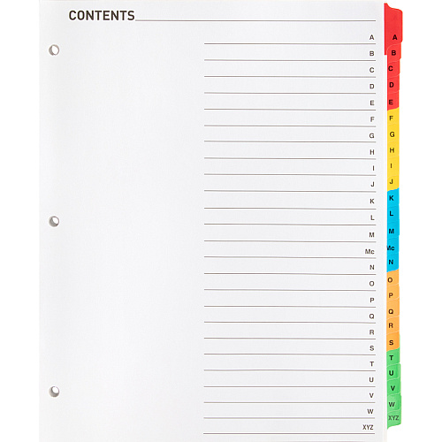 Business Source A-Z Tab Table of Contents Index Dividers Printed Tab(s) - Character - A-Z - 25 Tab(s)/Set - 8.5" Divider Width x 11" Divider Length - Letter - 3 Hole Punched - White Mylar Divider - White Mylar Tab(s) - 25 / Set (BSN21905)