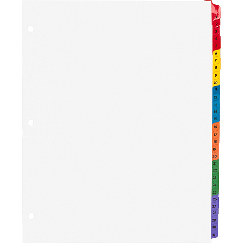 Business Source Table of Content Quick Index Dividers Printed Tab(s) - Digit - 1-31 - 31 Tab(s)/Set - 8.5" Divider Width x 11" Divider Length - 3 Hole Punched - Multicolor Divider - Multicolor Mylar Tab(s) - 31 / Set (BSN21907)