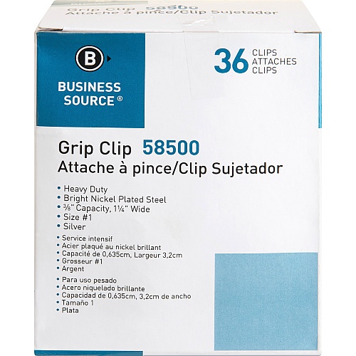 Business Source Bulldog Grip Clips No. 1 - 1.3" Width - for Paper - Heavy Duty - Silver - 36 / Box (BSN58500)