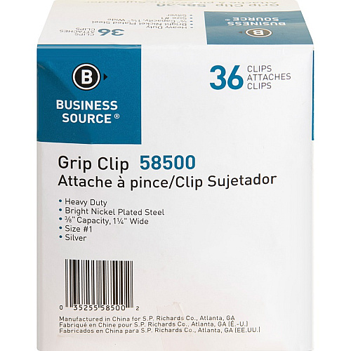 Business Source Bulldog Grip Clips No. 1 - 1.3" Width - for Paper - Heavy Duty - Silver - 36 / Box (BSN58500)