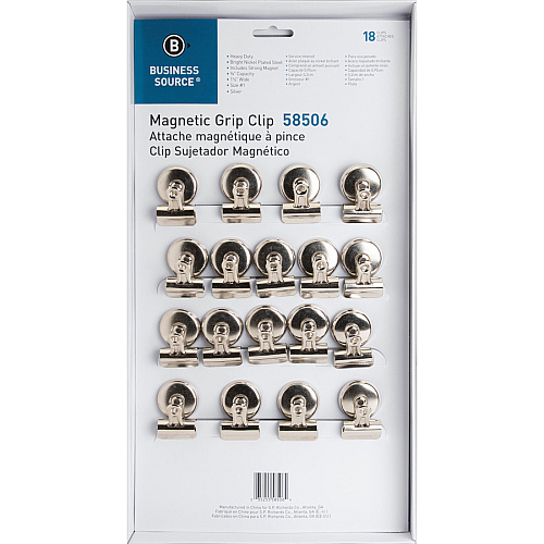 Business Source Magnetic Grip Clips Pack No. 1 - 1.3" Width - for Paper - Magnetic, Heavy Duty - Silver - 18 / Box (BSN58506)