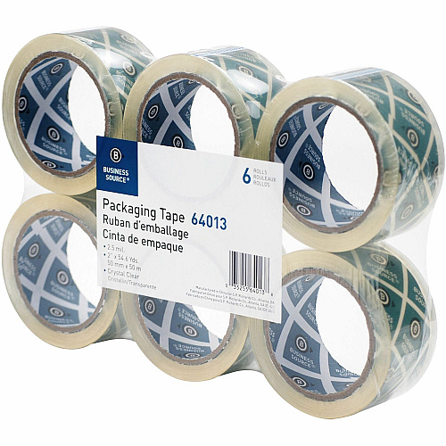 Business Source Crystal Clear Packaging Tape 55 yd Length x 2" Width - 3" Core - Crystal - Pressure-sensitive Poly - 2.50 mil - Abrasion Resistant, Split Resistant - For Packing - 6 / Pack (BSN64013)