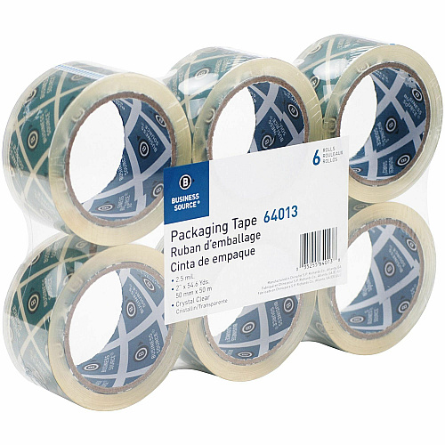 Business Source Crystal Clear Packaging Tape 55 yd Length x 2" Width - 3" Core - Crystal - Pressure-sensitive Poly - 2.50 mil - Abrasion Resistant, Split Resistant - For Packing - 6 / Pack (BSN64013)