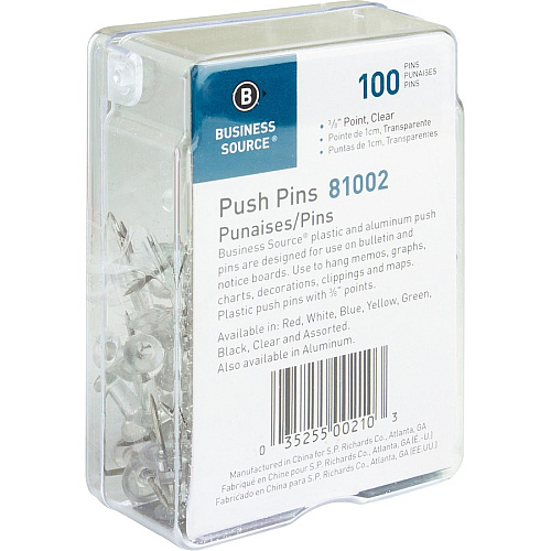 Business Source 1/2" Head Push Pins 0.50" Head - Clear - 100 / Box (BSN81002)