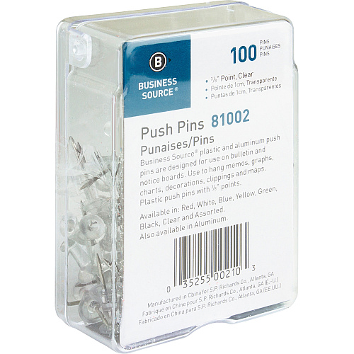 Business Source 1/2" Head Push Pins 0.50" Head - Clear - 100 / Box (BSN81002)