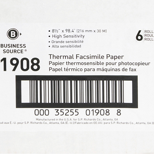 Business Source Thermal Fax Paper Rolls 8 1/2" x 98 ft - White - 6 / Carton (BSN01908)