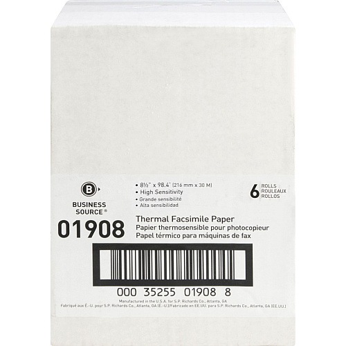 Business Source Thermal Fax Paper Rolls 8 1/2" x 98 ft - White - 6 / Carton (BSN01908)