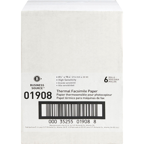 Business Source Thermal Fax Paper Rolls 8 1/2" x 98 ft - White - 6 / Carton (BSN01908)