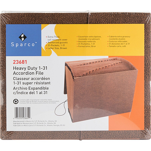 Business Source Letter Recycled Expanding File 8 1/2" x 11" - 31 Pocket(s) - Brown - 30% Recycled - 1 Each (BSN23681)