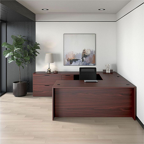 Lorell Prominence 2.0 Mahogany Laminate Reception Countertop 12" Height x 47.3" Width x 11.9" Depth, 1" Thickness Table Top - Band Edge - Material: Particleboard, Thermofused Laminate (TFL) - Finish: Mahogany, Thermofused Laminate (TFL) - D (LLRPMC4814MY)