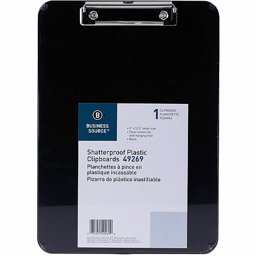 Business Source Shatterproof Clipboard 8 1/2" x 11" Sheet Size - Plastic - Black - 1 Each (BSN49269)
