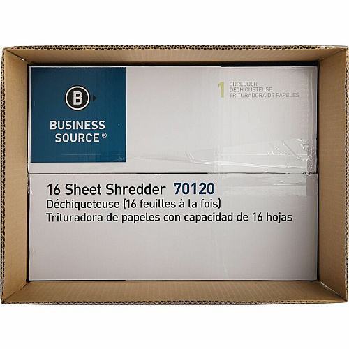 Business Source 6-gallon Bin Cross-cut Shredder Non-continuous Shredder - Cross Cut - 16 Per Pass - for shredding Paper, Staples, CD, DVD, Credit Card - P-3 - 8.88" Throat - 10 Minute Run Time - 30 Minute Cool Down Time - 6 gal Wastebin Capacit (BSN70120)