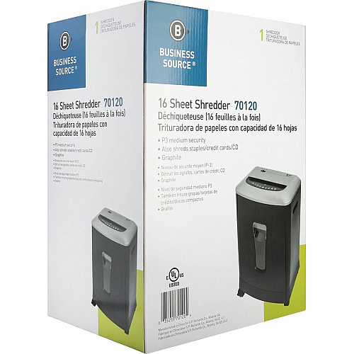 Business Source 6-gallon Bin Cross-cut Shredder Non-continuous Shredder - Cross Cut - 16 Per Pass - for shredding Paper, Staples, CD, DVD, Credit Card - P-3 - 8.88" Throat - 10 Minute Run Time - 30 Minute Cool Down Time - 6 gal Wastebin Capacit (BSN70120)
