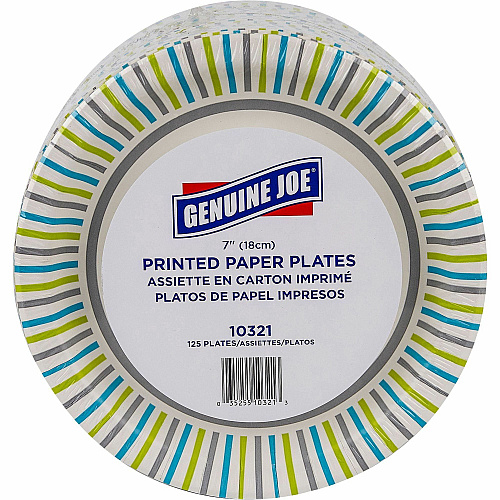 Genuine Joe 7" Printed Paper Plates Disposable - 7" Diameter - Assorted - 125 / Pack (GJO10321)