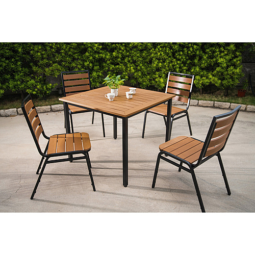 Lorell Faux Wood Outdoor Table Teak Square Top - Black Four Leg Base - 4 Legs - 36.60" Table Top Length x 36.60" Table Top Width - 30.75" Height - Assembly Required - Faux Wood Top Material - 1 Each (LLR42684)