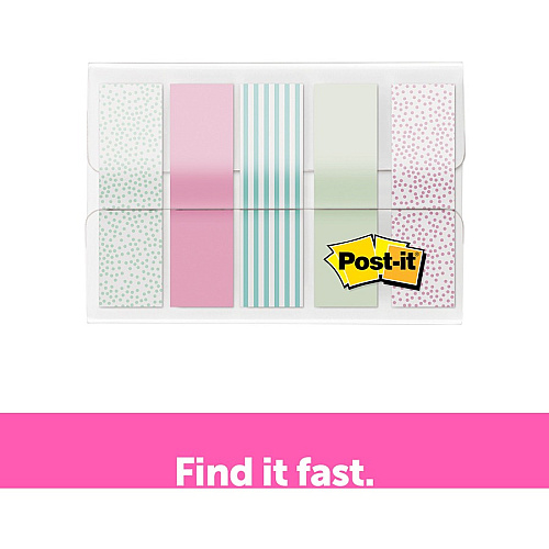 Post-it&reg; Printed Flags 100 x Assorted Pastel - 1/2" Flag/Note Width x 1 3/4" Flag/Note Length - 20 Sheets per Pad - Green, Pink, Blue - Self-adhesive, Sticky, Removable, Writable - Dispenser Included - 100 / Pack (684GRDNT)