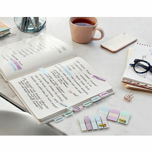 Post-it&reg; Printed Flags 100 x Assorted Pastel - 1/2" Flag/Note Width x 1 3/4" Flag/Note Length - 20 Sheets per Pad - Green, Pink, Blue - Self-adhesive, Sticky, Removable, Writable - Dispenser Included - 100 / Pack (684GRDNT)