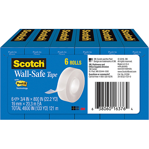 Scotch Wall-Safe Tape 22.22 yd Length x 0.75" Width - Translucent - 6 / Pack (813S6)