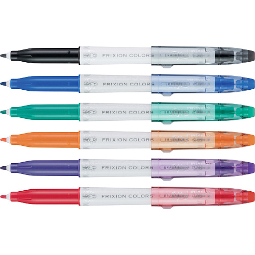 Pilot FriXion Colors Erasable Marker Pens 2.5 mm Bold Pen Point - Erasable - Black, Blue, Red, Green, Orange, Purple Ink - White Barrel - 6 / Pack (44153)