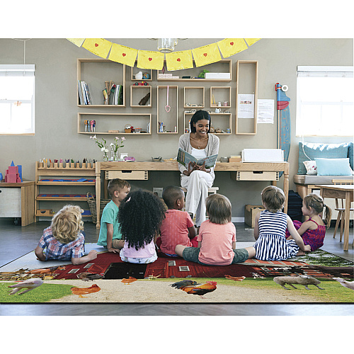 Flagship Carpets Barn Animals Classroom Rug Floor Rug - 12 ft Length x 93" Width x 0.50" Thickness - Rectangle - Multicolor - Yarn - 1 Each (FA100444FS)