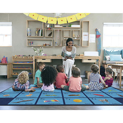 Flagship Carpets See My Alphabet Classroom Rug Floor Rug - 12 ft Length x 93" Width x 0.50" Thickness - Rectangle - Blue - Yarn - 1 Each (FA101844FS)
