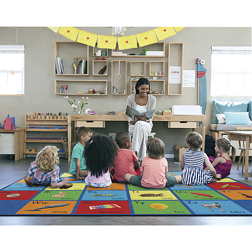 Flagship Carpets See My Alphabet Classroom Rug Floor Rug - 12 ft Length x 93" Width x 0.50" Thickness - Rectangle - Multicolor - Yarn - 1 Each (FA101944FS)
