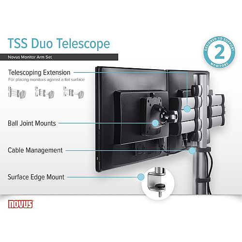 Novus TSS Duo 220+0260+000 Mounting Arm for Monitor - Silver, Black Height Adjustable - 2 Display(s) Supported - 48 lb Load Capacity - 75 x 100 - Aluminum, Steel, Plastic - 1 Carton (2200260000)