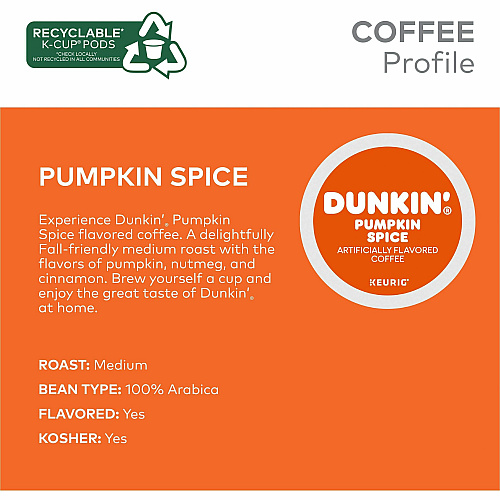 Dunkin Donuts Dunkin'&reg; K-Cup Pumpkin Spice Coffee Compatible with K-Cup Brewer - Medium - K-Cup - 22 / Box (7596)